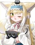  1girl ;d absurdres animal animal_ear_fluff animal_ears arknights black_cat blonde_hair blue_hairband blue_skirt blush cat center_frills commentary crossover fox_ears fox_girl fox_tail frilled_hairband frills green_eyes hairband heixiu high-waist_skirt highres holding holding_animal kitsune long_hair long_sleeves looking_at_viewer luo_xiaohei luo_xiaohei_(cat) luo_xiaohei_zhanji multicolored_hair neck_ribbon on_head one_eye_closed puffy_long_sleeves puffy_sleeves red_ribbon ribbon shirt simple_background skirt smile spam_(spamham4506) suzuran_(arknights) suzuran_(spring_praise)_(arknights) tail two-tone_hair very_long_hair white_background white_hair white_shirt 