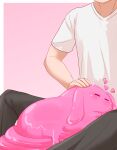  1boy absurdres closed_eyes colored_skin headpat heart highres hikyou_takarasou original pants pink_skin shirt sitting sitting_on_lap sitting_on_person slime_(creature) white_shirt 