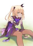  1girl bangs bare_shoulders blonde_hair blush bodystocking bow breasts eyepatch fischl_(genshin_impact) genshin_impact gloves green_eyes hair_over_one_eye highres hks_(timbougami) long_hair looking_at_viewer medium_breasts purple_bow purple_neckwear single_glove single_leg_pantyhose single_thighhigh sitting thighhighs thighs two_side_up 