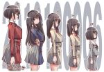  1girl age_progression aged_down aged_up aiming aiming_at_viewer belt black_hair black_ribbon blue_belt blue_dress blue_ribbon blush_stickers bob_cut closed_mouth dress from_side green_ribbon grey_dress grey_serafuku gun handgun highres holding holding_gun holding_weapon inoue_takina long_hair looking_ahead looking_at_viewer looking_to_the_side lycoris_recoil lycoris_uniform medium_hair neck_ribbon numbered outline parted_lips pleated_dress purple_eyes red_belt red_dress red_ribbon ribbon s&amp;w_m&amp;p sailor_collar school_uniform serafuku short_hair sidelocks two-tone_dress very_long_hair weapon white_outline white_sailor_collar yazawa_mana 