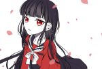  1girl alternate_hairstyle bangs black_hair blunt_bangs breasts collarbone commentary_request danganronpa eyebrows_visible_through_hair harukawa_maki highres long_hair long_sleeves looking_at_viewer mole mole_under_eye new_danganronpa_v3 open_mouth parted_lips petals red_eyes sailor_collar satori_(blueinc324) school_uniform serafuku shirt shirt_tucked_in simple_background skirt small_breasts solo upper_body very_long_hair white_background 