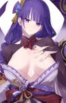  1girl absurdres akitaka_akita braid braided_ponytail breasts bridal_gauntlets cleavage genshin_impact hair_ornament highres japanese_clothes kimono large_breasts long_hair long_sleeves looking_at_viewer obi purple_eyes purple_hair purple_kimono raiden_shogun sash solo very_long_hair 