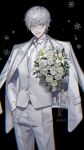  1boy belt bishounen black_background bouquet breast_pocket buttons chromatic_aberration collared_shirt eyelashes flower formal glasses grey_eyes grey_hair grin hand_in_pocket highres holding holding_bouquet jacket jacket_on_shoulders koshika_rina leaf long_bangs long_sleeves looking_at_viewer male_focus necktie original pale_skin pants pocket rose shirt short_hair signature smile snowflake_ornament snowflakes solo standing suit suit_jacket upper_body vest watermark white_flower white_lily white_rose white_suit white_vest 