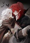  2boys animal_ears bandaged_waist bat_(animal) black_gloves carrying cowboy_shot diluc_(genshin_impact) genshin_impact gloves highres long_hair male_focus multiple_boys nan777 pointy_ears ponytail princess_carry razor_(genshin_impact) red_eyes red_hair shorts tail vampire white_hair wolf_boy wolf_ears wolf_tail 