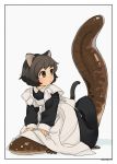  1girl akai_sashimi animal animal_ears apron artist_name black_border border brown_eyes brown_hair cat_ears cat_tail eyebrows_visible_through_hair giant_salamander highres maid maid_apron messy_hair original short_hair tail 