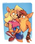  2020 4:5 activision alaynakgray anthro bandicoot blep blonde_hair crash_bandicoot crash_bandicoot_(series) cute_fangs duo female green_eyes hair hi_res holding_character male mammal marsupial romantic_couple size_difference tawna_bandicoot tongue tongue_out video_games 