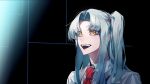 1girl angela_(project_moon) blue_hair collared_shirt highres jacket light_blue_hair lobotomy_corporation long_hair looking_at_viewer necktie one_side_up open_mouth parted_bangs project_moon red_necktie shirt shouzuo sidelocks solo teeth white_jacket white_shirt wing_collar yellow_eyes 