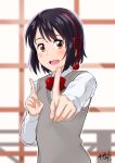  1girl black_hair blurry blush bow bowtie brown_eyes commentary_request depth_of_field grey_sweater_vest hair_ribbon highres index_fingers_raised indoors kimi_no_na_wa. long_sleeves looking_at_viewer miyamizu_mitsuha murio open_mouth red_bow red_bowtie red_ribbon ribbon short_hair signature solo sweater_vest window 