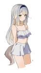  1girl animal_ears arms_behind_back bare_shoulders bikini bikini_top_only blonde_hair blue_hairband blush breasts cleavage closed_mouth collarbone cropped_legs dot_nose floppy_ears flying_sweatdrops fox_ears fox_girl fox_tail from_side gradient_hair grey_hair h_(eitilog) hair_intakes hairband highres large_breasts legs_together long_hair looking_at_viewer miniskirt multicolored_hair navel original pleated_skirt sidelocks simple_background skirt solo stomach straight_hair swimsuit tail thighs white_background white_bikini white_skirt 