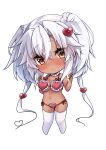  1girl absurdres bra brown_eyes chibi dark-skinned_female dark_skin grey_hair hair_between_eyes hair_ornament heart heart_bra heart_hair_ornament heart_panties heart_print highres kantai_collection long_hair looking_at_viewer mashiro_yukiya musashi_(kancolle) musashi_kai_ni_(kancolle) panties print_panties red_bra red_panties side-tie_panties simple_background smile solo thighhighs twintails underwear underwear_only very_long_hair white_background white_thighhighs 