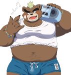 .ale absurd_res anthro ashigara bear belly boombox bottomwear brown_body brown_fur bulge clothing fur green_hair hair hi_res jerry_5779 lifewonders male mammal musclegut muscular pecs rolled_up_shirt shorts solo tokyo_afterschool_summoners