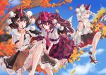  3girls animal_ears blue_sky detached_sleeves feathered_wings frilled_skirt frills geta highres himekaidou_hatate in_tree inubashiri_momiji multiple_girls orchid_(pixiv3730518) plaid plaid_skirt puffy_short_sleeves puffy_sleeves purple_eyes red_eyes shameimaru_aya shirt short_sleeves sitting sitting_in_tree skirt sky socks tail tengu-geta touhou tree twintails white_hair white_shirt white_socks wings wolf_ears wolf_girl wolf_tail 