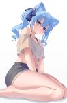  1girl absurdres animal_ear_fluff animal_ears aoi_zerii barefoot blue_eyes blue_hair blue_ribbon blush breasts cat_ears cat_girl collarbone hair_between_eyes hair_ribbon highres hololive hoshimachi_suisei looking_at_viewer medium_hair pout ribbon solo star_(symbol) star_in_eye symbol_in_eye thighs virtual_youtuber 