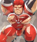 1boy akashi_(live_a_hero) arms_up bara bare_pectorals bodysuit defeat facial_hair feet_out_of_frame from_above goatee highres kaeru333938123 large_pectorals live_a_hero long_sideburns looking_at_viewer male_focus muscular muscular_male pectorals red_eyes red_hair scar scar_on_face scar_on_nose short_hair sideburns skindentation solo superhero_costume tentacles tentacles_on_male testicle_peek thick_eyebrows thick_thighs thighs torn_bodysuit torn_clothes 
