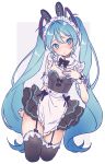  1girl apron black_dress black_thighhighs blush breasts dress frilled_apron frills garter_straps green_eyes green_hair hair_ornament hatsune_miku highres long_hair looking_at_viewer maid maid_apron maid_headdress paya_(alunair) puffy_sleeves ribbon simple_background small_breasts solo thighhighs twintails very_long_hair vocaloid waist_apron white_apron white_background wrist_cuffs 
