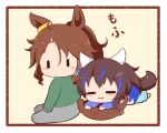  2girls :3 animal_ears blue_hair blue_shorts blush brown_background brown_hair chibi closed_eyes closed_mouth daitaku_helios_(umamusume) gomashio_(goma_feet) green_shirt grey_pants hair_between_eyes hair_ornament hairclip horse_ears horse_girl horse_tail lying mejiro_palmer_(umamusume) multicolored_hair multiple_girls on_stomach pants ponytail raglan_sleeves shirt shorts sidelocks simple_background star_(symbol) star_hair_ornament streaked_hair tail translation_request umamusume white_hair white_shirt |_| 