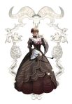  1girl absurdres animal_skeleton animal_skull beatrice_(umineko) black_choker blonde_hair blue_eyes bow bowtie breasts brown_dress choker cleavage colored_eyelashes commentary_request dress flower frilled_choker frilled_dress frilled_sleeves frills full_body gown hair_flower hair_ornament hand_in_own_hair hand_up highres holding holding_smoking_pipe korean_commentary looking_at_viewer parted_lips pink_bow pink_bowtie puffy_sleeves red_flower red_rose rose short_hair sidelocks simple_background smile smoking_pipe solo standing tachi-e umineko_no_naku_koro_ni wefightasone_1 white_background wide_sleeves 