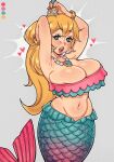  1girl absurdres armpits arms_behind_head blonde_hair blue_eyes blush breasts brushing_hair cleavage comb earrings gold_bracelet grey_background heart highres jewelry large_breasts long_hair looking_at_viewer mario_(series) mermaid mermaid_peach monster_girl navel necklace open_mouth pearl_earrings pearl_necklace princess_peach princess_peach:_showtime! solo sphere_earrings surprised teeth thirstformilk upper_teeth_only 