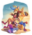  2020 activision alaynakgray anthro bandicoot coco_bandicoot computer crash_bandicoot crash_bandicoot_(series) ear_piercing ear_ring female gesture group hi_res laptop male mammal marsupial phone piercing pirate_tawna sand sitting taking_picture tawna_bandicoot treasure_chest v_sign video_games 
