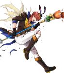  1boy animal_hat black_gloves boots broken broken_weapon brown_footwear cape damaged fire_emblem fire_emblem:_three_houses fire_emblem_heroes gloves hat highres holding holding_pole non-web_source official_alternate_costume official_art pants pole polearm rabbit_hat red_eyes red_hair solo sylvain_jose_gautier sylvain_jose_gautier_(spring) torn_clothes torn_pants weapon white_pants 