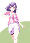  1girl blush breasts collared_shirt commentary_request feet_out_of_frame green_background hair_ornament hairclip highres kaze_makase looking_at_viewer mai_ball! miyano_mai open_mouth purple_hair red_eyes shirt short_sleeves shorts small_breasts soccer_uniform solo sportswear striped_clothes striped_shirt two-tone_background vertical-striped_clothes vertical-striped_shirt white_background white_shorts 