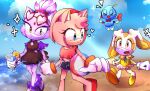  3girls amy_rose animal_ears beach blaze_the_cat blue_sky brown_eyes cat_ears cat_girl cheese_(sonic) cream_the_rabbit drink eve_sonic eyewear_on_head forehead_jewel furry furry_female gloves heart hedgehog_girl highres holding holding_drink multiple_girls open_mouth pink_fur purple_fur rabbit_ears rabbit_girl sky smile sonic_(series) topknot white_gloves yellow_eyes 