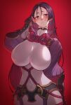  1girl armor black_gloves blush bodysuit breasts cero320 covered_navel elbow_gloves fate/grand_order fate_(series) fingerless_gloves gloves highres japanese_armor kote large_breasts long_hair looking_at_viewer minamoto_no_raikou_(fate) parted_bangs pelvic_curtain purple_bodysuit purple_eyes purple_hair red_background ribbed_sleeves rope solo very_long_hair 
