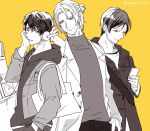  3boys artist_name bag black_hair cd_case cellphone coat hand_in_pocket handbag headphones highres hood hood_down hoodie jacket kinomi_yuzu labcoat male_focus multiple_boys phone thumb_in_pocket toraware_no_palm yellow_background 