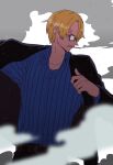 1boy belt black_jacket blonde_hair blue_shirt cigarette collared_shirt commentary_request cowboy_shot curly_eyebrows facial_hair glasses goatee_stubble hair_over_one_eye highres jacket looking_to_the_side male_focus one_piece sanji_(one_piece) shirt smoke solo striped_clothes striped_shirt stubble tanaka_(tanakya123) vertical-striped_clothes vertical-striped_shirt 
