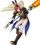  1boy animal_hat attack black_gloves boots brown_footwear cape fire_emblem fire_emblem:_three_houses fire_emblem_heroes gloves hat highres holding holding_polearm holding_weapon non-web_source official_alternate_costume official_art pants polearm rabbit_hat red_eyes red_hair solo sylvain_jose_gautier sylvain_jose_gautier_(spring) v-shaped_eyebrows weapon white_pants 