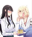  2girls absurdres bandaid bandaid_on_neck black_hair black_skirt blonde_hair blue_jacket blue_ribbon blush bob_cut breasts brooch cake chinese_commentary collarbone english_commentary finger_in_another&#039;s_mouth food food_on_face hair_between_eyes hair_ornament hairclip heart heart_brooch highres inoue_takina jacket jewelry jovei large_breasts long_hair long_sleeves looking_at_another lycoris_recoil medium_breasts mixed-language_commentary multiple_girls neck_ribbon nishikigi_chisato off_shoulder one_side_up open_mouth pleated_skirt purple_eyes red_eyes ribbon shirt sidelocks simple_background skirt upper_body white_background white_shirt yuri 