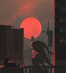  1girl absurdres balcony black_cat building cat chinese_commentary city commentary_request faceless from_side full_moon grey_sky high_contrast highres huge_moon limited_palette long_hair moon neon_genesis_evangelion profile railing red_hair red_moon scenery shirt simple_bird sky solo souryuu_asuka_langley upper_body white_shirt woshiyituopangjumao 
