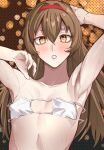  1girl :o armpits bikini blush brown_hair eyepatch_bikini flat_chest headband highres long_hair looking_at_viewer loose_bikini loose_clothes malkuth_(project_moon) nb8c open_mouth red_headband solo swimsuit upper_body white_bikini yellow_eyes 