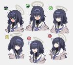  &gt;_&lt; 1girl bags_under_eyes black_hair blue_archive blue_eyes blue_hairband blue_neckerchief blush cardigan closed_mouth crossed_bangs grey_background hair_between_eyes hairband halo highres jewelry long_hair multiple_views neckerchief necklace open_mouth sailor_collar school_uniform simple_background sparkle sunglasses ui_(blue_archive) upper_body white_sailor_collar xaiqi 