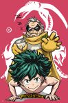  2boys boku_no_hero_academia cape copyright_name cup delicious_p disposable_cup domino_mask drinking_straw drinking_straw_in_mouth exercise facing_viewer freckles gloves gran_torino_(boku_no_hero_academia) green_eyes green_hair highres looking_at_viewer male_focus mask midoriya_izuku multiple_boys nose_bubble old old_man push-ups red_background short_hair smile topless_male white_hair wrinkled_skin yellow_cape yellow_gloves zzz 