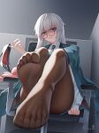  1girl absurdres artist_name blue_eyes chair collared_shirt commission disgust feet foot_focus foreshortening girls&#039;_frontline glasses gradient_hair highres holding holding_shoes indoors jacket jacket_on_shoulders long_hair looking_at_viewer lwmmg_(girls&#039;_frontline) mimuxiao multicolored_hair necktie no_shoes office_chair pantyhose pixiv_commission shaded_face shirt shoes sitting soles solo swivel_chair thighs toenails toes two-tone_hair unworn_shoes white_hair 