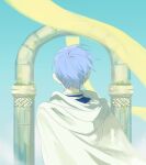  1boy arch blue_hair blue_sky cape chamwa commentary english_commentary from_behind highres himmel_(sousou_no_frieren) male_focus outdoors pillar ribbon short_hair sky solo sousou_no_frieren upper_body white_cape yellow_ribbon 
