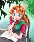  1girl breasts chinyan closed_mouth curly_hair dragon_quest dragon_quest_vii dress green_eyes hood long_hair looking_at_viewer maribel_(dq7) orange_hair smile solo 