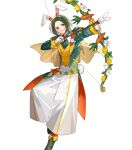  1boy animal_ears arrow_(projectile) attack bow_(weapon) drawing_bow fake_animal_ears fire_emblem fire_emblem:_three_houses fire_emblem_heroes gloves green_footwear green_hair hair_tie highres holding holding_bow_(weapon) holding_weapon linhardt_von_hevring linhardt_von_hevring_(spring) long_hair non-web_source ponytail rabbit_ears solo weapon white_gloves 