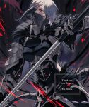  1girl armor au_ra black_armor commission final_fantasy final_fantasy_xiv holding holding_scythe looking_at_viewer mask mouth_mask red_eyes renz_ff14 scythe skeb_commission warrior_of_light_(ff14) white_hair 