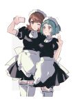  2girls apron aqua_hair black_dress blush brown_eyes brown_hair closed_mouth collared_shirt cowboy_shot cropped_legs dress flying_sweatdrops hand_up highres holding holding_phone m0rtalcoil0 maid maid_apron maid_headdress multiple_girls official_alternate_costume one_eye_closed open_mouth persona persona_3 persona_3_reload phone puffy_sleeves selfie shirt short_hair short_sleeves smile swept_bangs takeba_yukari thighhighs v white_apron white_shirt white_thighhighs yamagishi_fuuka zettai_ryouiki 