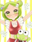  1girl arms_up black_bow black_bowtie blush_stickers bow bowtie cherry_blossom_background cherry_blossoms chibi choker double_bun dress frilled_sleeves frills frog ghost_hair_ornament green_eyes green_hair hair_bun hasunoue_keroppi highres kero_kero_keroppi looking_at_viewer no_nose red_choker red_dress sanrio shirt short_hair snail_hair_ornament stream_yy striped_background striped_clothes striped_shirt 