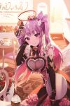  1girl alpha_(ypalpha79) bow bowtie breasts elbow_gloves fingerless_gloves flower frills gloves hair_bow hair_ornament halo heart heart-shaped_pupils highres large_breasts long_hair looking_at_viewer maid original purple_eyes purple_hair restaurant rose solo symbol-shaped_pupils tray twintails upturned_eyes 