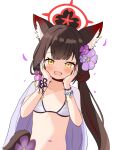  1girl :d alternate_breast_size animal_ears bikini blue_archive blush breasts brown_hair fox_ears fox_girl fox_tail hair_between_eyes halo hands_on_own_cheeks hands_on_own_face hands_up happy heeya highres long_hair looking_at_viewer multicolored_hair navel petals red_hair red_halo small_breasts smile solo streaked_hair swimsuit tail two-tone_hair upper_body very_long_hair wakamo_(blue_archive) wakamo_(swimsuit)_(blue_archive) white_background white_bikini yellow_eyes 