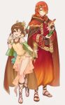  1boy 1girl ;d alternate_costume arm_up bangle bare_shoulders bead_bracelet beads belt book bow bracelet brother_and_sister brown_cape brown_eyes brown_footwear brown_hair cape choker criss-cross_strings delthea_(fire_emblem) dress fang fingernails fire_emblem fire_emblem_echoes:_shadows_of_valentia full_body green_bow green_sleeves grey_background hair_between_eyes hair_over_one_eye hair_ribbon haru_(nakajou-28) highres holding holding_book holding_quill jewelry long_sleeves looking_at_viewer luthier_(fire_emblem) one_eye_closed open_mouth orange_hair ponytail quill ribbon sandals see-through see-through_sleeves siblings side_slit simple_background smile standing sweatdrop walking wide_sleeves wing_hair_ornament yellow_dress yellow_ribbon 