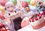  1girl balloon bare_shoulders between_breasts black_choker braid breasts cake choker doll dress food french_braid fruit gift green_eyes grey_hair happy_birthday highres hololive hololive_fantasy houshou_marine houshou_marine_(1st_costume) large_breasts looking_at_viewer off-shoulder_sweater off_shoulder official_alternate_hairstyle open_mouth oursong_(kiam_pis) pinstripe_dress pinstripe_pattern ribbed_sweater shiranui_flare shiranui_flare_(street) shiranui_kensetsu shirogane_noel shirogane_noel_(casual) short_hair sitting smile snowflake_choker snowflake_pendant solo strap_between_breasts strawberry sweater sweater_tucked_in uruha_rushia uruha_rushia_(1st_costume) usada_pekora usada_pekora_(1st_costume) virtual_youtuber wavy_hair white_sweater 