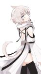  1girl animal_ears black_nails cat_ears cat_girl cat_tail dress final_fantasy final_fantasy_xiv grey_eyes grey_hair highres looking_at_viewer looking_back miqo&#039;te tail tama_kokoro1212 warrior_of_light_(ff14) white_dress 