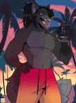 2023 anthro beverage beverage_can black_body black_fur black_hair black_nose canid canine canis clothed clothing english_text fur green_eyes hair hi_res kaionart male mammal palm_tree plant solo swimwear teeth teeth_showing text tongue tongue_out topless tree wolf