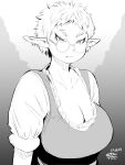  1girl breasts cleavage dated ear_piercing elf glasses greyscale hadashi_no_kenji highres large_breasts looking_at_viewer monochrome original piercing pointy_ears short_hair short_sleeves solo thick_eyebrows upper_body 