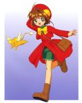  1girl absurdres boots bow brown_footwear brown_hair cardcaptor_sakura child green_eyes green_headwear happy highres kero kinomoto_sakura official_art running short_hair tail wings yellow_bow 